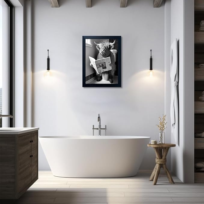 Framed Black and White Bathroom Canvas Print Highland Cow with Toilet Paper on Head Wall Art Toilet Decor Cow Pictures Wall Decor Animal Bathroom Wall Art for Home