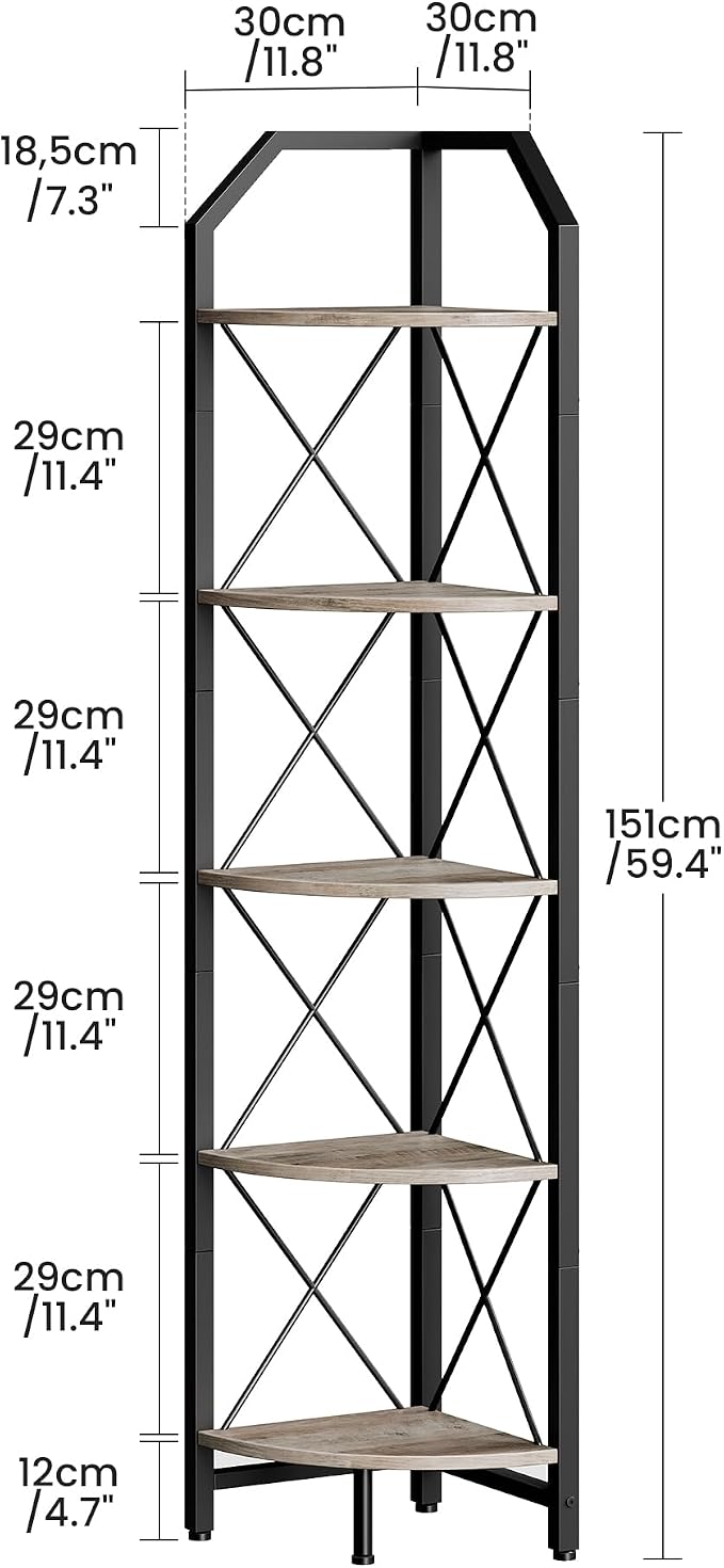 5-Tier Corner Shelf, Industrial Corner Bookshelf, 59.4" Corner Storage Stand, Plant Stand Display Shelf, Corner Bookcase for Bedroom, Living Room, Home Office, Greige and Black TCJ10BG