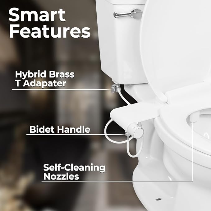 Rear & Feminine Right Handed Ultra Thin Bidet Attachment for Toilet with Self Cleaning Dual Nozzles - No Wiring Needed - Easy DIY Install - Includes Hybrid Brass 3-way T with ON/OFF & Travel Bidet