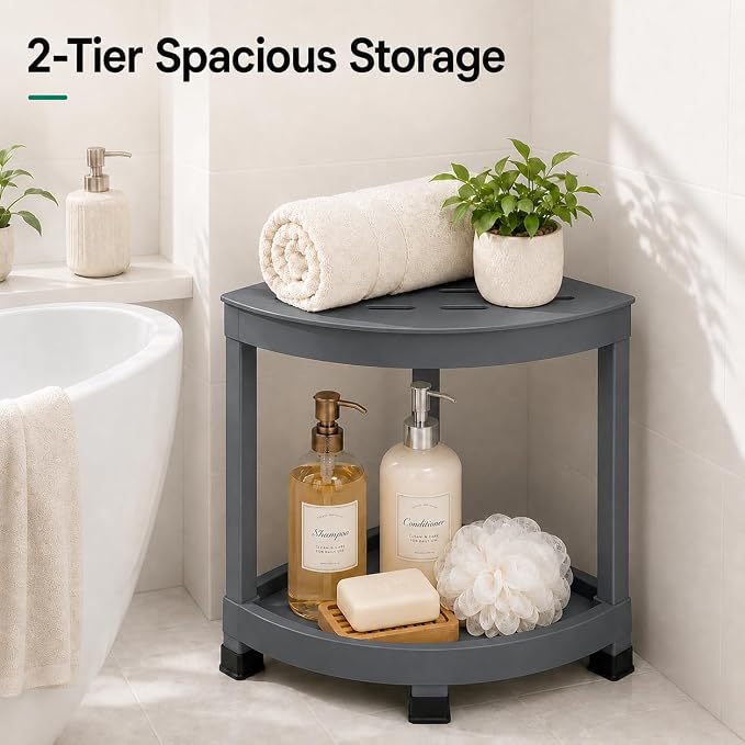 CROWNFURN Shower Foot Rest, HIPS Waterproof Shower Stool for Inside Shower, Corner Shower Bench for Shaving Legs with Baffle Storage Shelf for Small Space, Rapid Assembly DIY Combination Shelf (Grey)