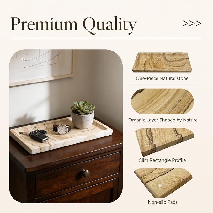 Sandstone Tray for Bathroom Countertop, Rectangular Stone Decorative Tray, Vanity Tray for Makeup, Perfume, Skincare, Jewelry & Bathroom Accessories (Earth Tone)