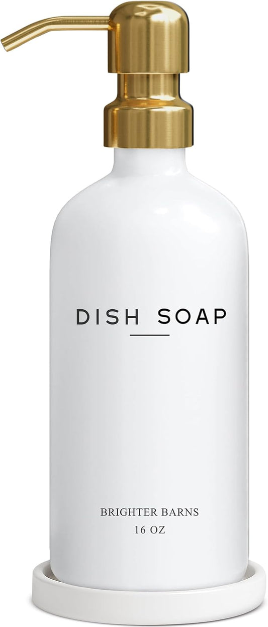 Luxury Glass Dish Soap Dispenser for Kitchen Sink by Brighter Barns - Modern Kitchen Soap Dispenser Set - Refillable Glass Pump Bottle and Tray - White and Gold Home Decor and Accessories, Gift (Gold)