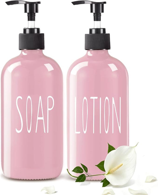 COHOSEGE Glass Soap Dispenser Set 2 Pack,16 Oz Hand Soap Dispenser for Bathroom,Pink Kitchen Accessories and Bathroom Decor,Soap and Lotion Dispenser Set for Bathroom
