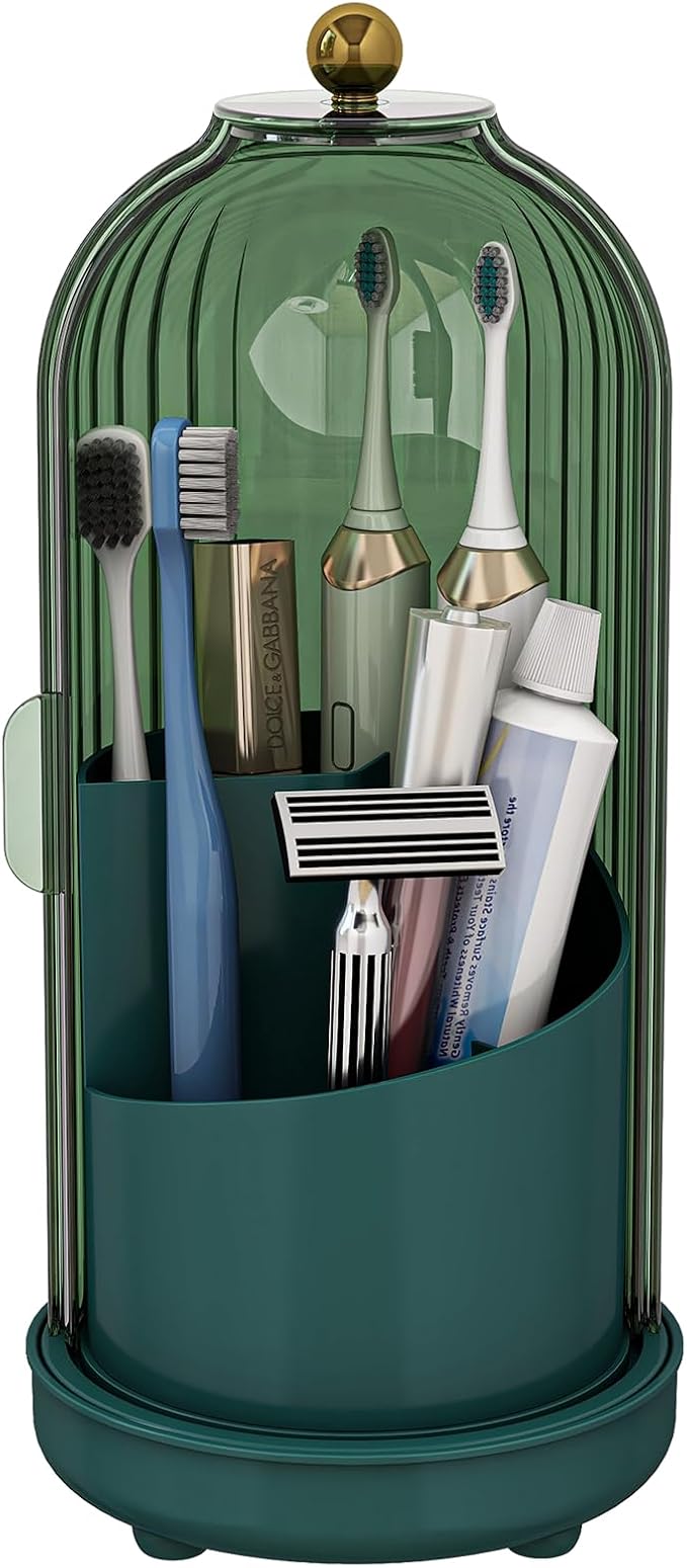 Drainable Toothbrush Toothpaste Holders with Cover, Green | Drainage Holes, Waterproof and Dustproof, 360° Rotating Base, Sliding Door, for Bathroom Counter