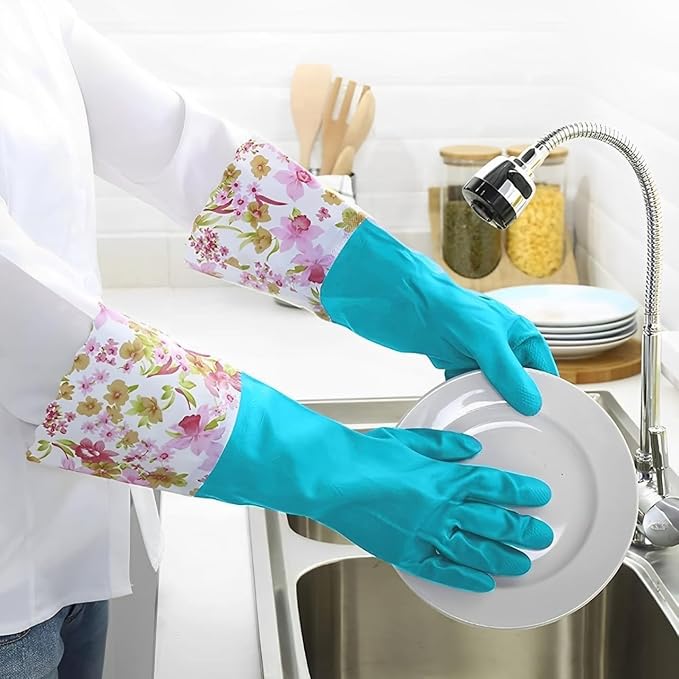KINGFINGER PVC Latex-Free Long Dishwashing Gloves for Household Cleaning, Waterproof, 2-Pair Large with Long Cuff & Flock Lining