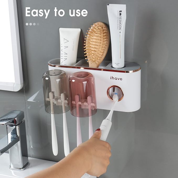 iHave Toothbrush Holders for Bathrooms Wall Mounted with Dispenser & 2 Cups | 6 Slots Wall Mount Toothbrush Holders for Bathrooms with Squeeze Toothpaste Dispenser, 2 Cups & 2 Compartments Organizer