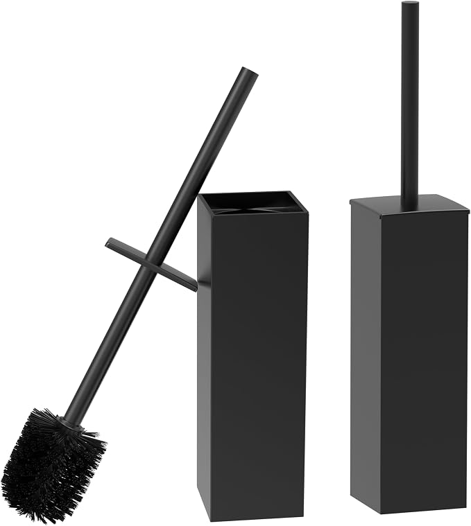 RUACQ Toilet Brush and Holder Set, Square, Matte Black, 2 Pack | SUS304 Stainless Steel Handle, Toilet Cleaner Brush with Durable Scrubbing Bristles, Splash-Proof