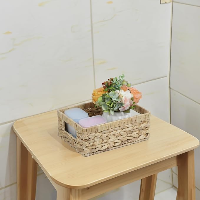 Wicker Baskets, Water Hyacinth Baskets for Organizing, Rattan Woven Baskets | Organizer Bins with Built-in Handles, Rectangular Storage Baskets for Shelves, Closet and Bathroom Organizer
