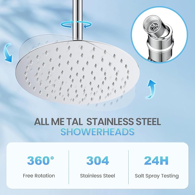 10 Inch Chrome Round Rain Shower Head, All Metal Stainless Steel Rainfall Shower Heads with 100 Anti-Clog Silicone Nozzles, Wall or Ceiling Mount
