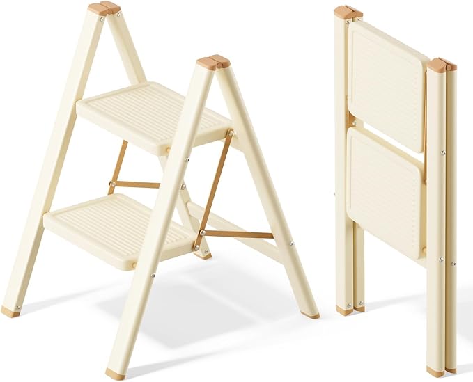 2 Step Ladder, Folding Step Stool, Cream Chocolate | Wide Anti-Slip Steps and a Foldable, Space-Saving Design for Adults to Use in Kitchens, Closets, Library,300 lbs