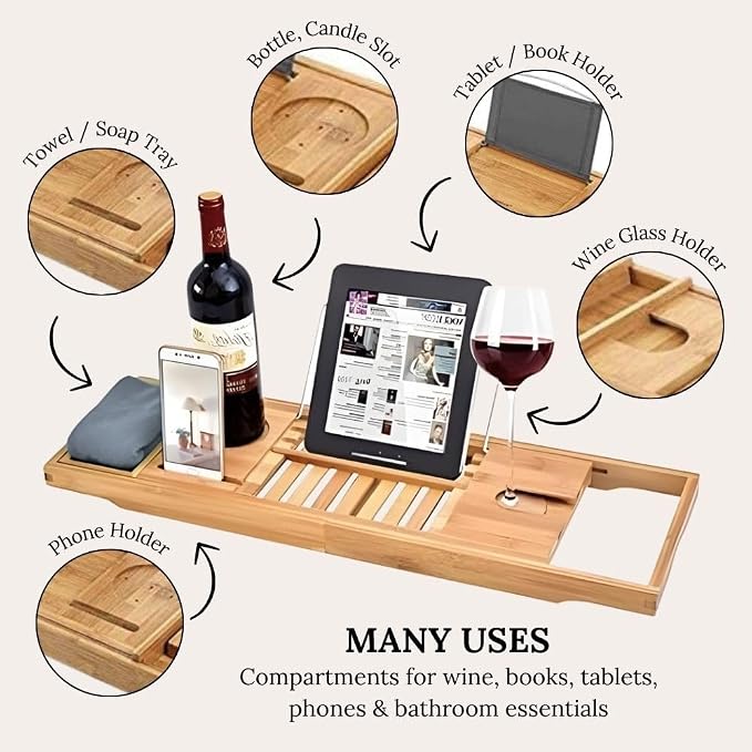 COLORANTIC | Bamboo Wood Bathtub Tray | Bathroom Caddy & Wine Holder | Cell Phone, iPad & Book Holder | Spa & Relaxation Gift for Women, Women & Parents | DIY Rustic Bath & Bathroom Organizer