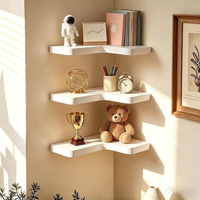 Floating Corner Shelves, Wall Shelf Set of 3, Shelves for Wall Storage, Solid Wood Shelves for Storage, Wall Mount Wooden Display Shelf for Bathroom Bedroom Kitchen Garage (White 3 Pcs)