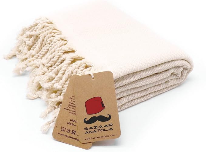 Beach Towel, 100% Cotton, 71x39 in, Herringbone Beige