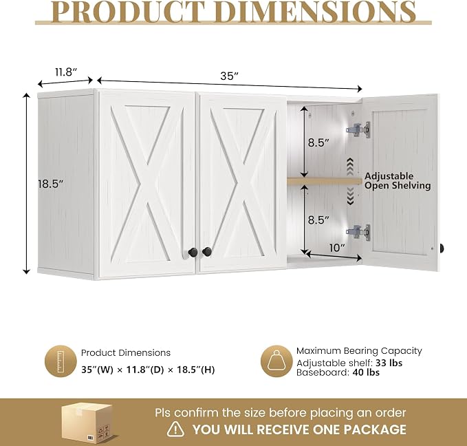 35" W Laundry Room Wall Cabinet, Farmhouse Wall Cabinet with Adjustable Shelf, Wall Mount Storage Cabinet, Farmhouse Medicine Cabinet, Floating Cabinet for Kitchen, Bathroom, Off White