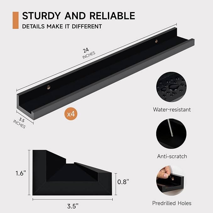 Fun Memories Picture Ledge Shelf for Wall, Floating Shelves Set of 4, 24 Inch Long Nursery Book Shelves for Toys Storage, Kids Bookshelf Wall Mounted for Books Photo Frames, Black