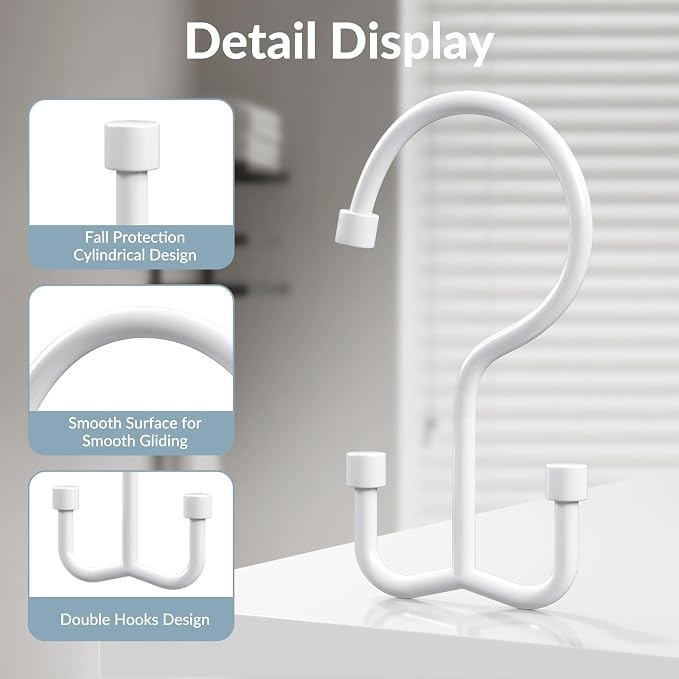 OEH Shower Curtain Hooks, 12 Pcs Shower Curtain Rings, Durable Shower Curtain Hooks Rust Proof, Shower Rings for Curtain, Free Sliding Anti-Drop Double Shower Hooks for Shower Curtain Rod, White