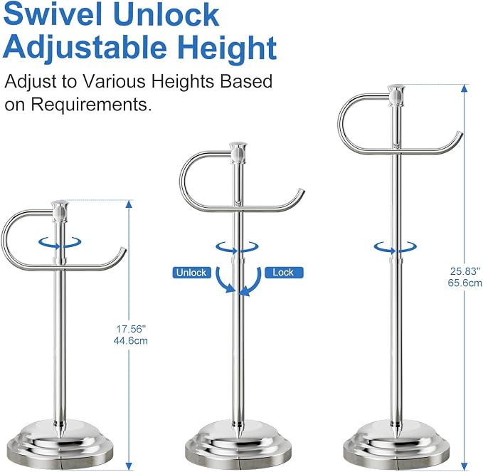 RUMOSE Toilet Paper Holder Stand for Floor Free Standing, Chrome | Bathroom Freestanding Toilet Tissue Roll Holder with Storage, Adjustable 17-25 Inch, Rustproof, SUS304 Stainless Steel