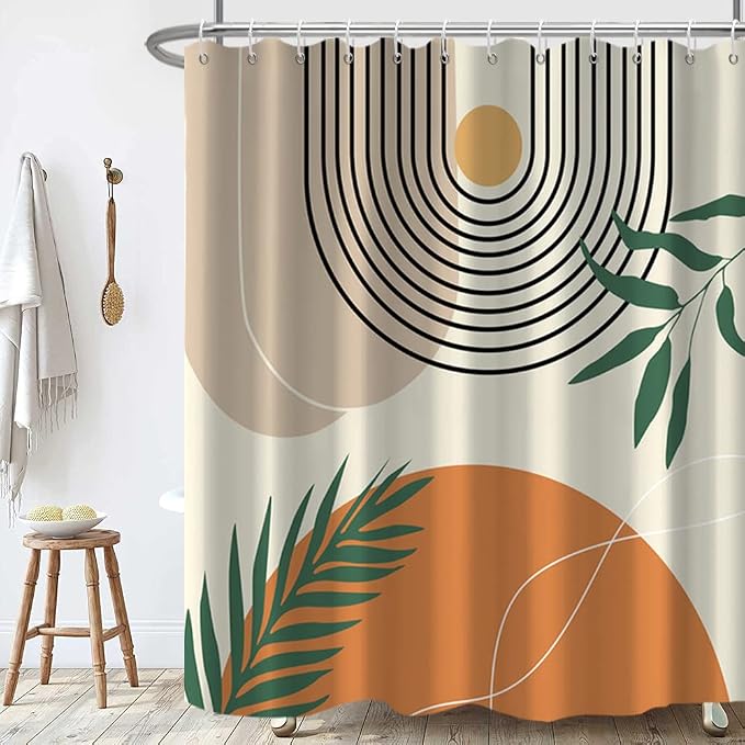 Mid Century Shower Curtain with Hook for Bathroom 72x78 Inch | Waterproof Abstract Orange and Beige Shower Curtain Set, Soft Bathroom Decor, Machine Washable