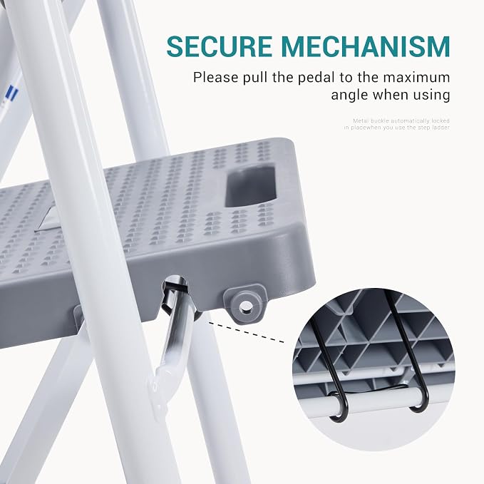 OLIXIS 3 Step Ladder, 800lbs Foldable Step Stool with Anti-Slip Pedal | Heavy Duty Portable Stepping Stool with Sturdy Steel Ladder & Comfortable Handrail, for Kitchen, Garage, Outdoor Use - Grey