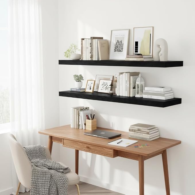 Vivelove Deep Floating Shelves 48x12” Set of 2, Black | Easy Install With Hardware, 2" Thick, Invisible Brackets, Wall Mounted, No Sagging, For Any Room