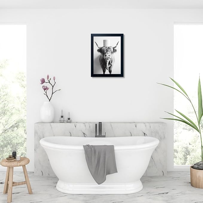 Black and White Funny Bathroom Wall Decor Framed Highland Cow with Toilet Paper on Head Canvas Print Wall Art Cow Pictures Wall Decor Animal Bathroom Sign Artworks for Home
