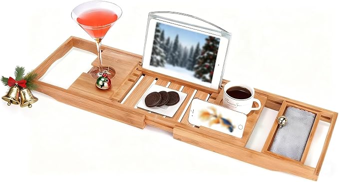 Utoplike Bamboo Bathtub Caddy Tray for Tub, Adjustable Bath Table | Bathroom Organizer with Book Tablet, Wine Glass Cup, Towel Holder