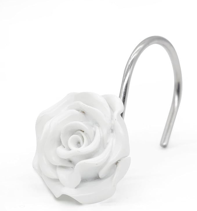 BEAVO Shower Curtain Hooks, Home Decorative Rustproof Shower Curtain Hooks Resin Rose Flower Shower Hooks Rings for Bathroom Shower Rods Curtains,Set of 12 Hooks (White) | White Flower Shower Curtain Ring - Stainless Steel Shower Ring Hook with Resin F...