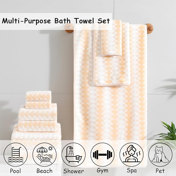 12 Pcs Yellow White Diamond Towel Set-4 Bath Towels,4 Hand Towels,4 Washcloths Soft Polyester Bath Sheet with Loop Absorbent Shower Towel Quick Dry Beach Chair Towel Family Towels for Bathroom Spa Gym