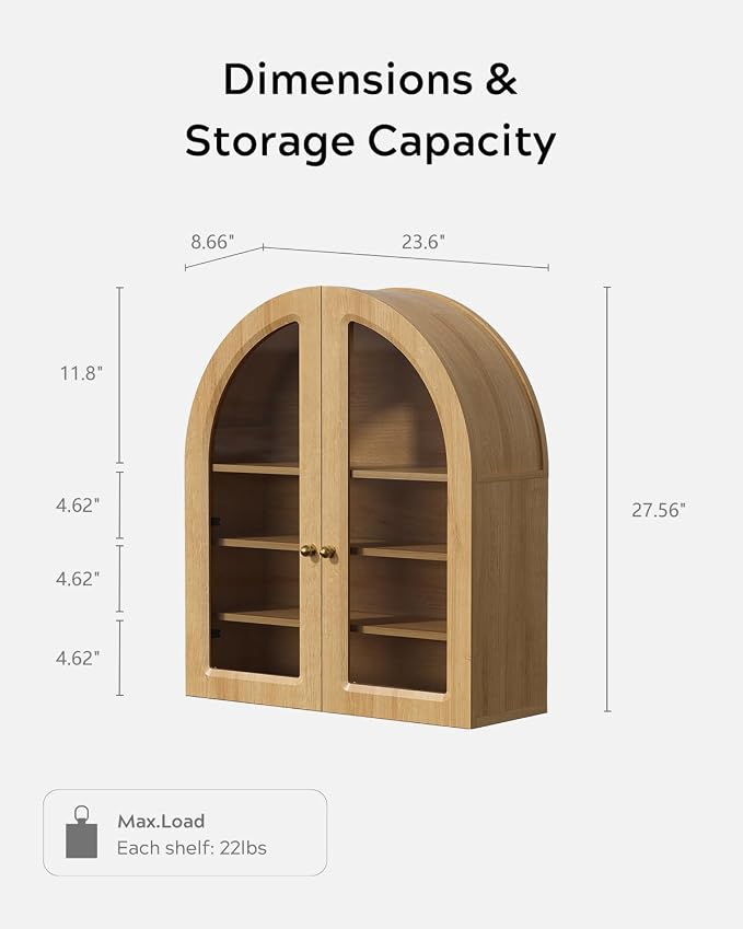 Arched Wall Cabinet, Large Bathroom Medicine Wall Mounted Cupboard, Farmhouse Floating Storage Cabinet with Acrylic Door Adjustable Shelf, Wood Organizer (Natural Oak)