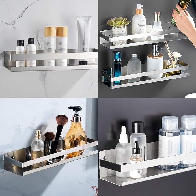OwnMy 16 Inch Bathroom Shower Shelf Stainless Steel Wall Shower Caddy Rack | Wall Mount Shower Wall Caddy, Metal Floating Shower Shelves, Kitchen Wall Basket Shelf, Rectangular Corner Shelf, Silver