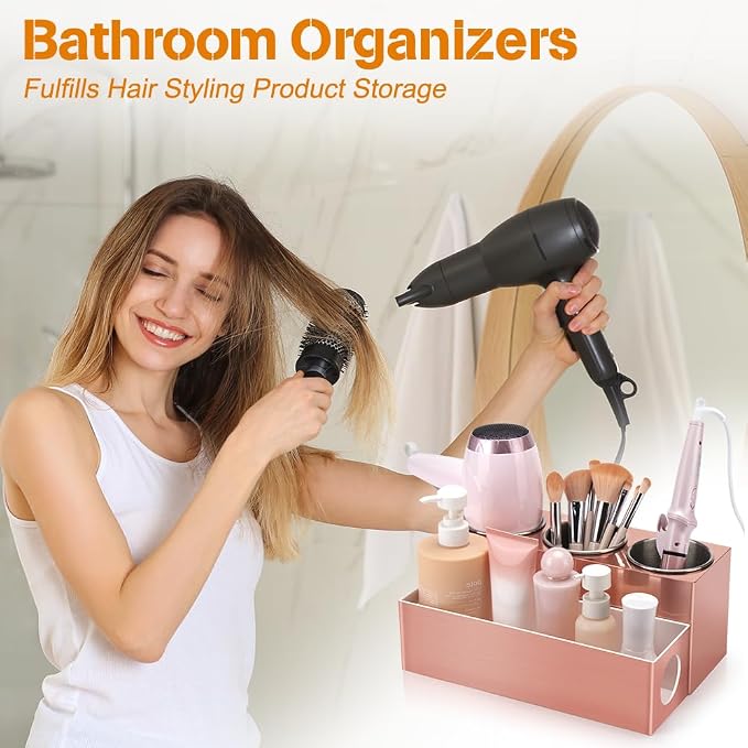 GFWARE Hot Hair Styling Tool Organizer with 3 Stainless Steel Cups, Pink | Bathroom Vanity Organizer Storage, Hair Accessories Tools Organizer Hair Dryer, Blow Dryer, Curling Iron, Flat Iron