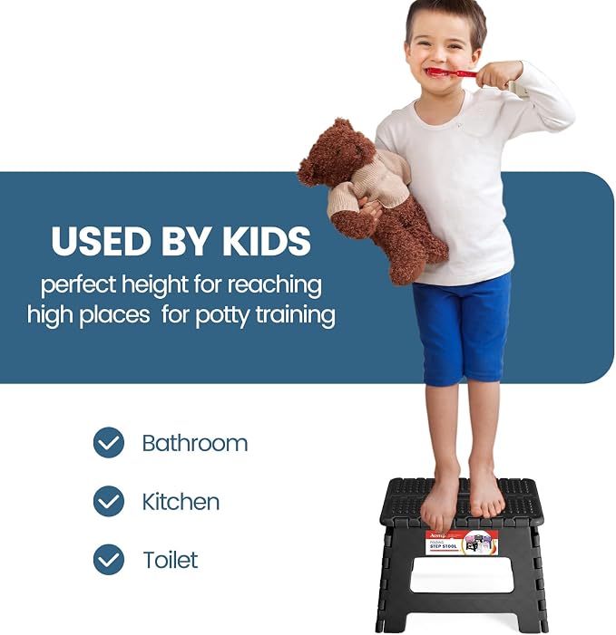9 Inch Folding Step Stool 300 LB Capacity Non Slip Foot Stool with Handle Plastic Foldable Step Stools for Kids Stepping Stool for Bathroom Black Small Step Stool (1 PC Black) | Heavy Duty Foldable Stools, Lightweight, Holds 300 lb, for Toddler Kitchen...