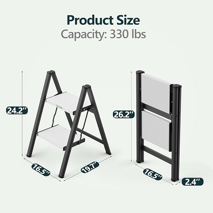2 Step Foldable Step Stool, 300lbs Load, Black & White | Folded 27''H x 3''T; Net 6.9 lbs; Non-Slip Feet: Wood/Tile/Carpet; Rigid Aluminum Steps; No Assembly; Ready From Box.