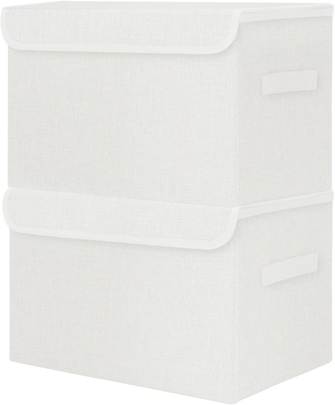 Large 42 Quarts Fabric Storage Bins with Lids [2-Pack] Linen Collapsible Foldable Storage Cubes, Closet Organizer Containers boxes with Handles for Home Office (16.7 x 12 x 12, White)