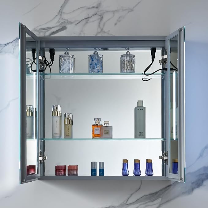 Blossom LED Medicine Cabinet Mirror for Bathroom 25x26 Inch, Recessed/Surface Mounted Lighted Medicine Cabinet with Mirror, Defogger, 3-Color Dimmer, Wall Mounted Storage Cabinet
