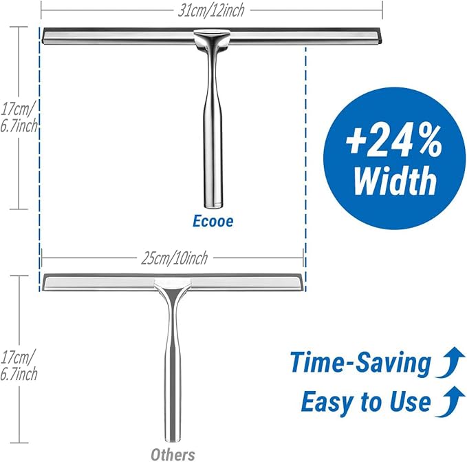 ecooe Shower Squeegee for Glass Doors,12" Large Shower Glass Cleaner | Silicone Blade with Stainless Steel Core, Streak-Free Wiper with Hanger for Bathroom, Kitchen, Car Windows & Mirrors, Siliver