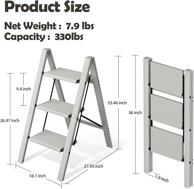 Taranta 3 Step Stool Foldable,Aluminum Step Ladder-Misty Gray | Lightweight,Wide Anti-Slip Pedals,Folding Step Stool,330lbs Capacity for Household,Kitchen,Office