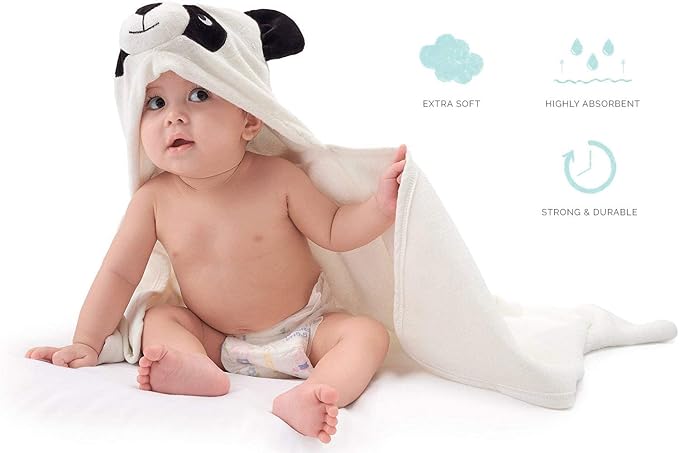 HIPHOP PANDA Ultra Soft Hooded Baby Towel - 2-Layer Thick 500GSM Absorbent | Rayon Made from Bamboo, Hooded Bath Towel for Newborn, Infant, Toddler, Baby Registry - Panda, 37.5x37.5 In