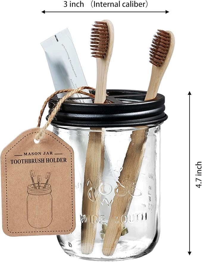 Amolliar Mason Jar Toothbrush Holder - Rustproof Stainless Steel, Black | Toothbrushes and Toothpaste Holder with Chalkboard Labels - Farmhouse Décor Bathroom Countertop and Vanity Storage Organizer