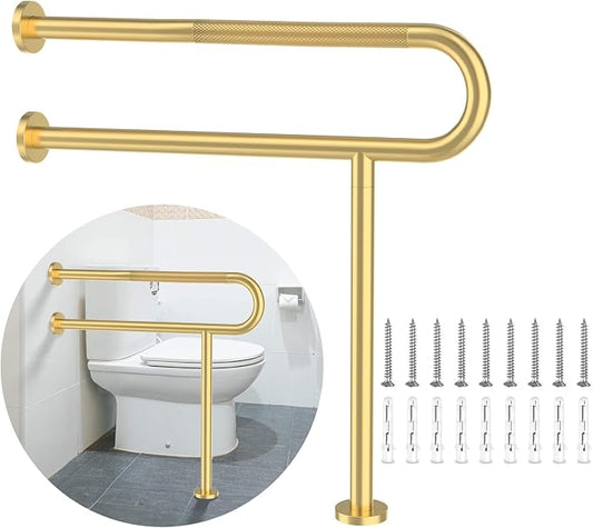 Toilet Support Rail 32 Inch, Munzong Anti-Slip Gold Handicap Grab Handrail | Bathroom Stainless Steel Floor Rails Knurled Safety Handrails with Leg for Elderly Disabled Pregnant-1.25’Tube