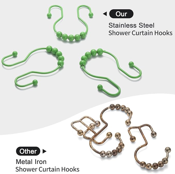 Shower Curtain Hooks, 12 Pcs Shower Curtain Rings, Stainless Steel Shower Curtain Hangers, Double Hook Shower Curtain Hooks, Smooth Sliding Anti-Drop Shower Rings for Curtain (Green)