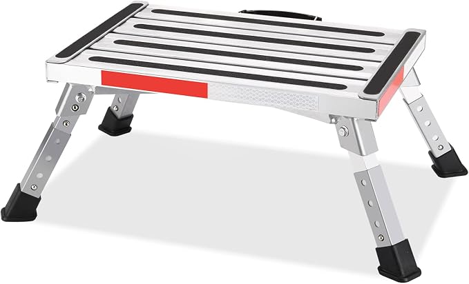 Yagud Safety RV Steps, Non-Slip Folding Adjustable Step Stool | Height Adj. Platform Step 17"x12" Non-Slip, Rubber Feet, Reflect. Strips, T Level, Aluminum RV Stool 1000lbs, Silver