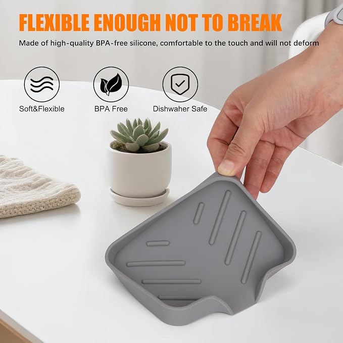 2 Pack Silicone Soap Dish for Shower with Self Draining Grey & Beige White | Soap Holder for Bathroom, Silicone Sponge Holder for Kitchen Sink, Soap Tray for Dispenser, Scrubber, Bottle, 4.7"×3.9"