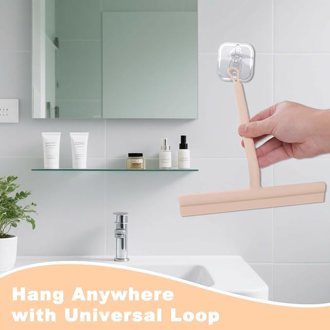 Squeegee for Shower Glass Doors, Resilient Loop - No-Drill & Adhesive Hook, Silicone Shower Squeegee with Stainless Steel Core, Cleaning Tool for Home, Kitchen, Bathroom & Car - Beige