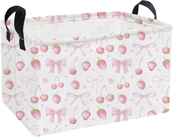 Essme Rectangular Kids Baskets,Girls Storage Basket Pink Bins with Handles for Strawberry Room Decor, Cherry Storage Bin（Strawberry）