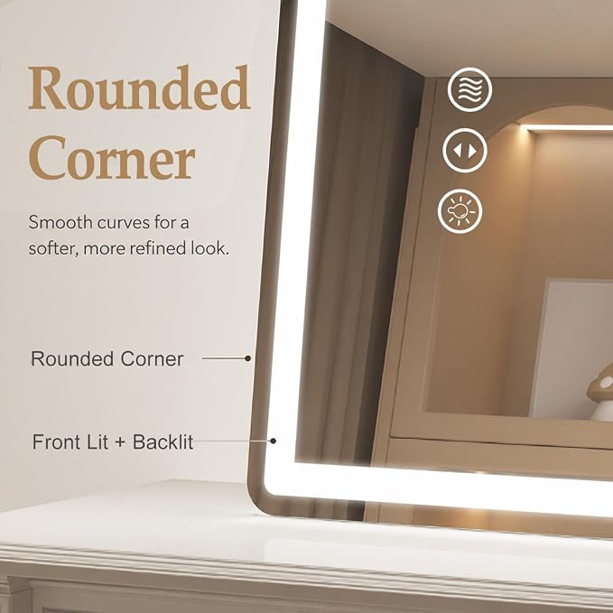 36x28 LED Lighted Bathroom Mirror for Vanity | Front Lights and Backlit, Rounded-Corner Rectangle, 3 Colors, Dimmable, Anti-Fog, Memory, Tempered Glass, UL