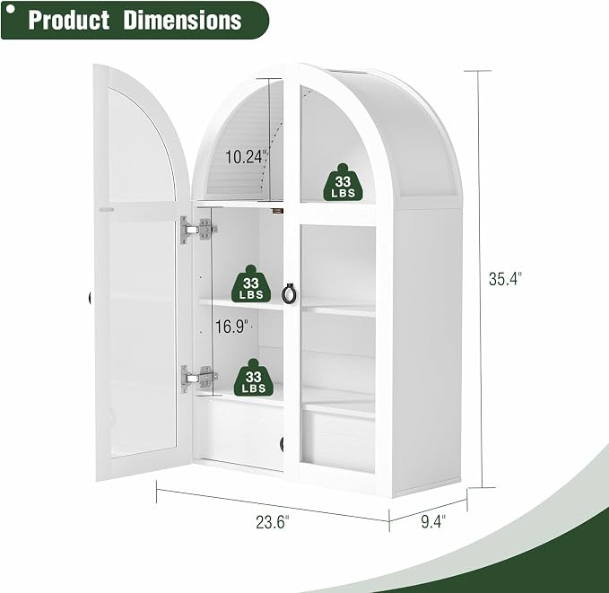 Arched Medicine Cabinet, White Bathroom Wall Cabinet with Tempered Glass Door and Adjustable Shelf for Kitchen, Living Room, Entryway, Laundry Room, Apartment, Office, Small Space