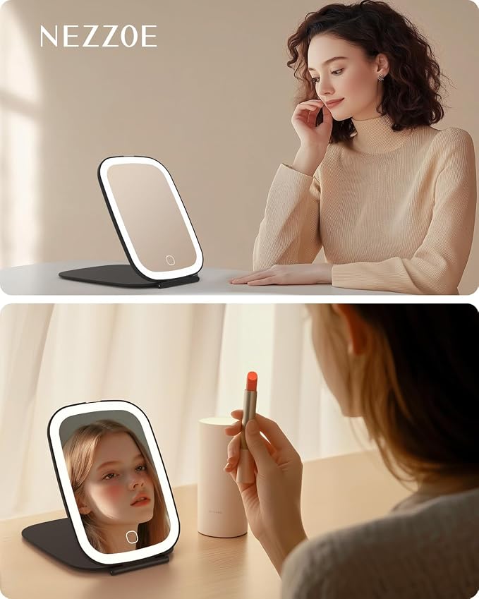NEZZOE Rechargeable Travel Makeup Mirror with LED Light, 7x5 Inch, Black