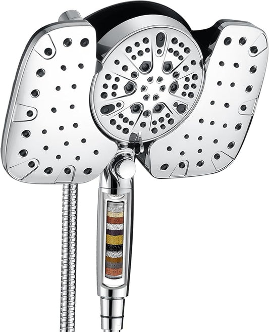 Rain Shower Head with Filtered Handheld Spray Combo Chrome 2.5 GPM | 10” Rainfall Showerhead with 9-Spray Detachable Handheld, High Pressure, ON/OFF Switch, 15-Stage Filter, Jet for Cleaning