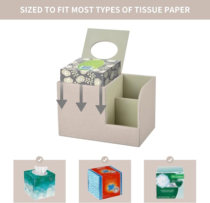 PU Leather Square Tissue Box Cover,Multifunctional Tissue Box Holder,Tissue Box with Storage,Tissue and Remote Control Holder,Tissue Box Decorative Desk Organizer for Home&Office,Beige